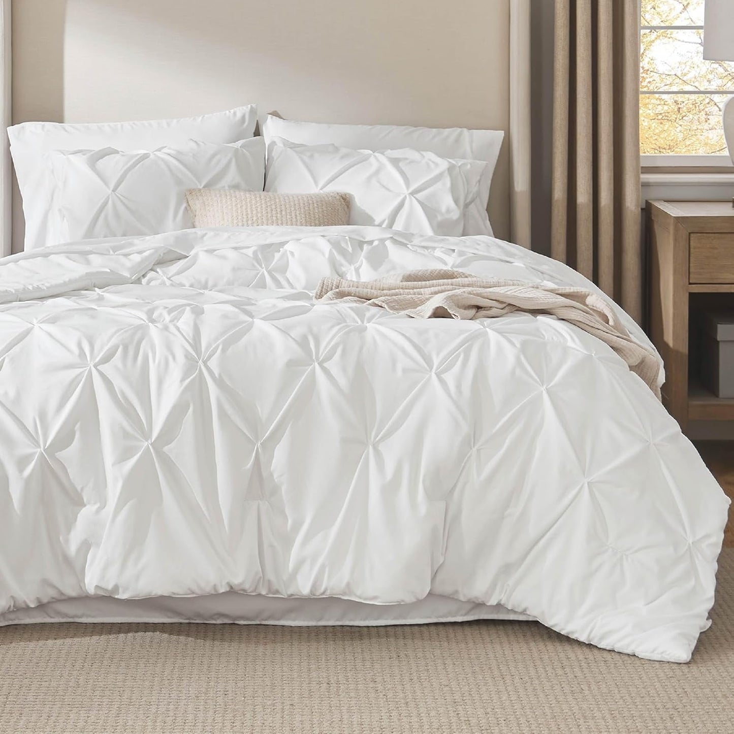 All-Season White Queen Comforter Set- 7 Pieces Pintuck Bedding Set with Comforters, Sheets, Pillowcases & Shams - Hypoallergenic Ultra-Fluffy Quilt for Winter Detail