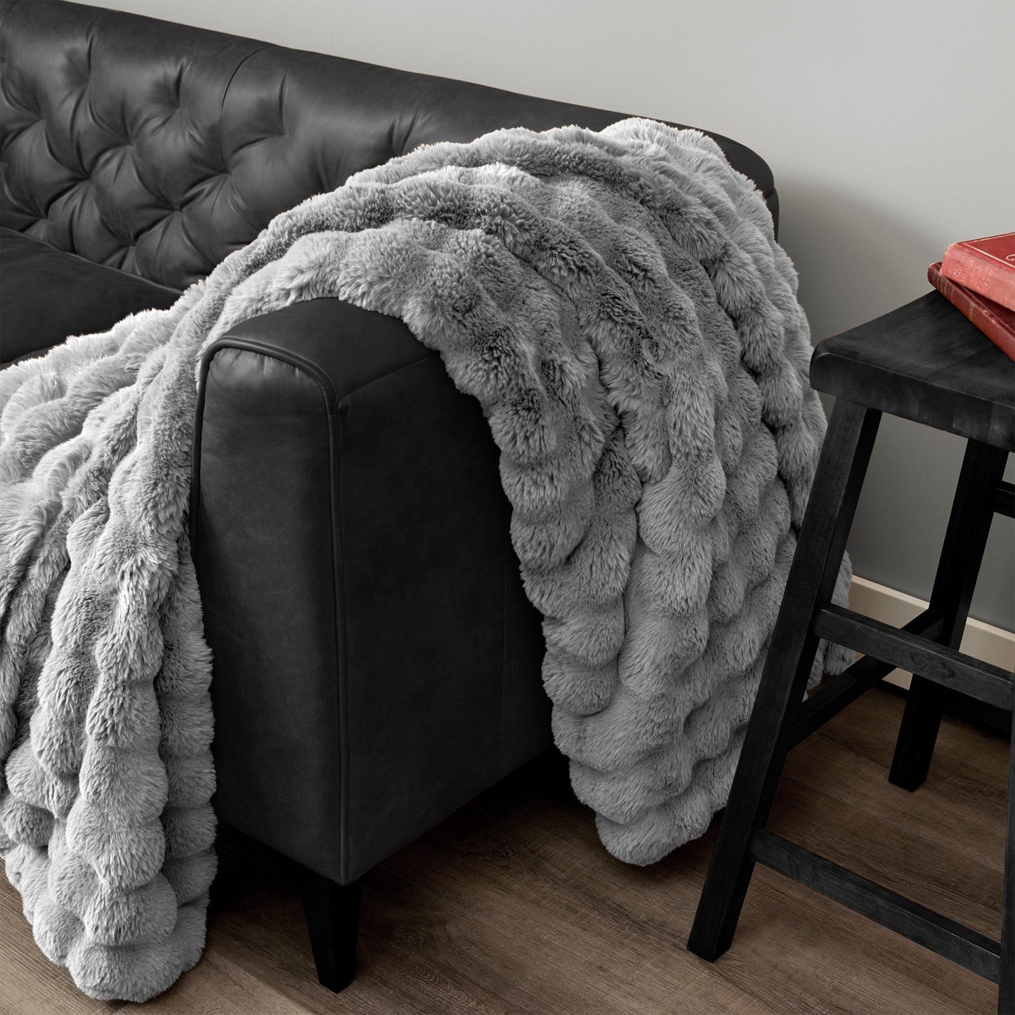 Reversible Sherpa Serenade Gray Textured Faux Fur Throw Blanket, 50 x 70 - Luxury Knitted Decorative Throw Blanket with Fringes Detail
