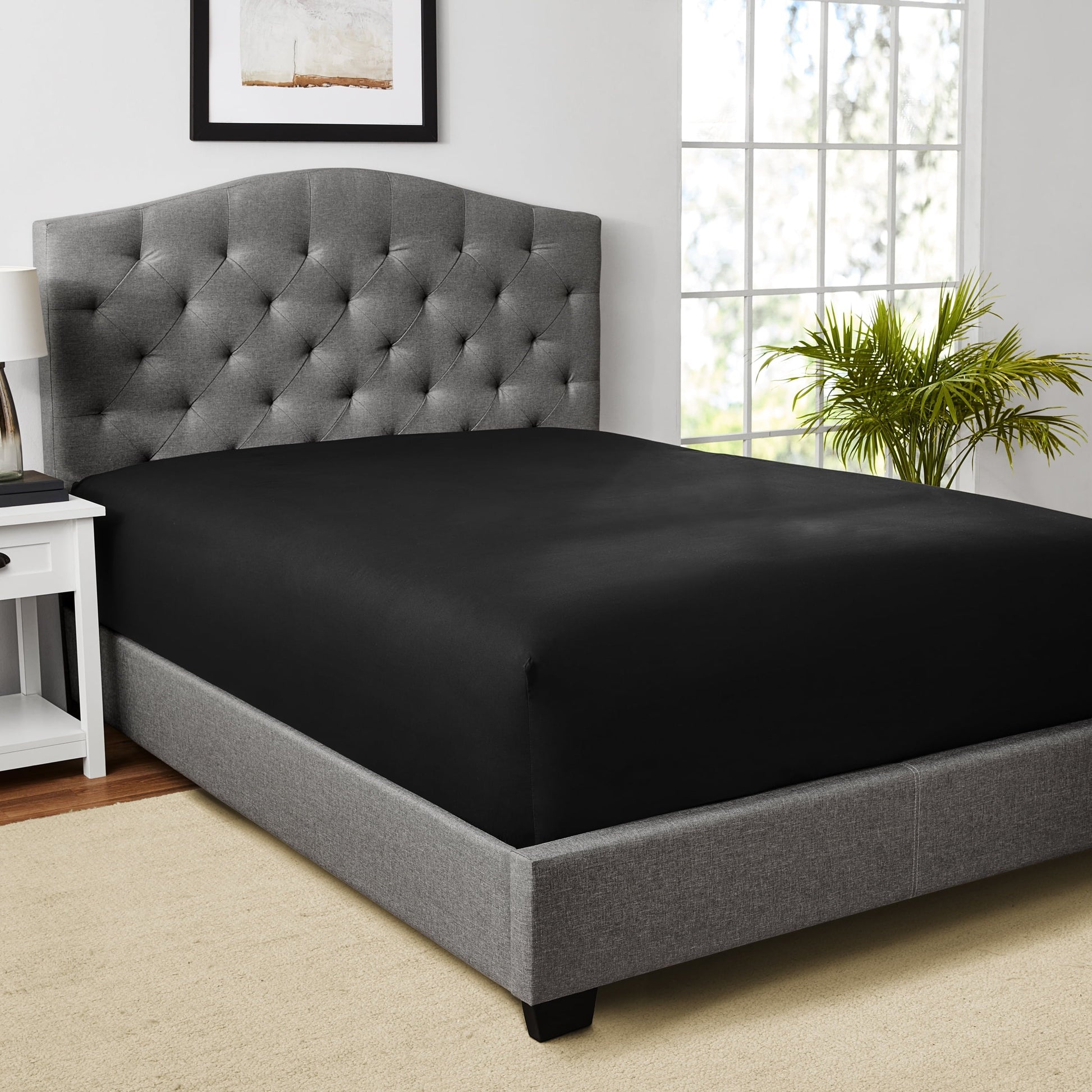 Cooling Sateen Easy Care Solid Rich-Black CVC Cotton Blend Fitted Sheet, Full - Premium Ultra-Soft Pillowcase Pair for Sleeping Detail