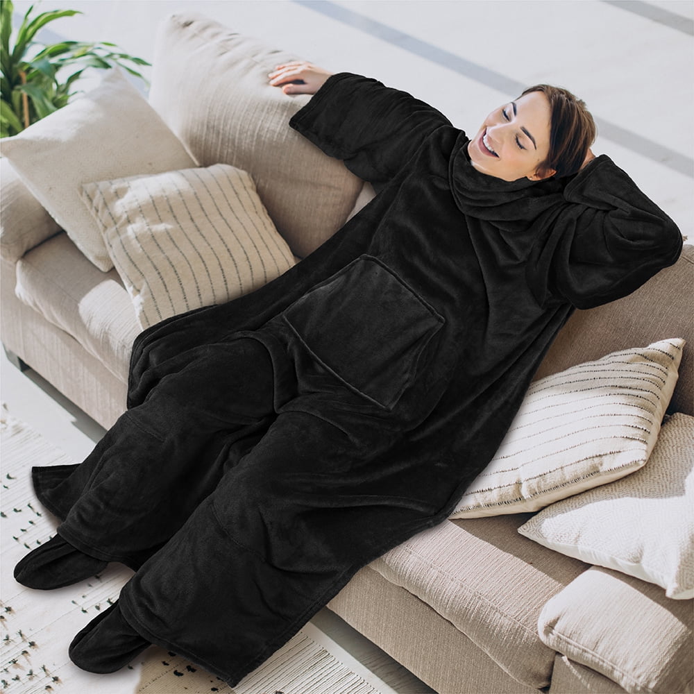 Reversible Sherpa Fleece Blanket with Sleeves, Foot Pockets for Women Men Adults, Plush Wearable Blanket Throw Wrap, Warm Snuggle Blank... - Lightweight Plush Warm Blanket for All Seasons Detail
