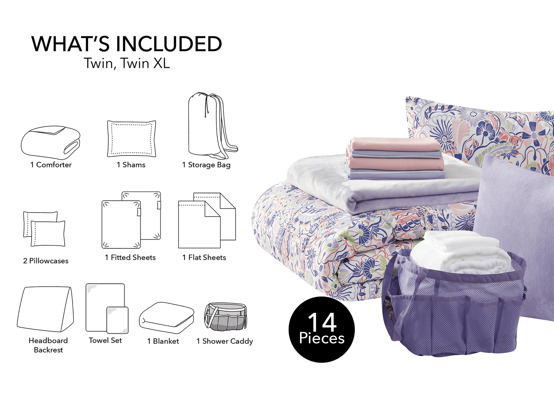 All-Season 14pc College Dorm Essentials Bundle, Twin-XL, Reversible Bed in a Bag Comforter Set, Purple Floral - All-Season Down Alternative Comforter Insert Detail