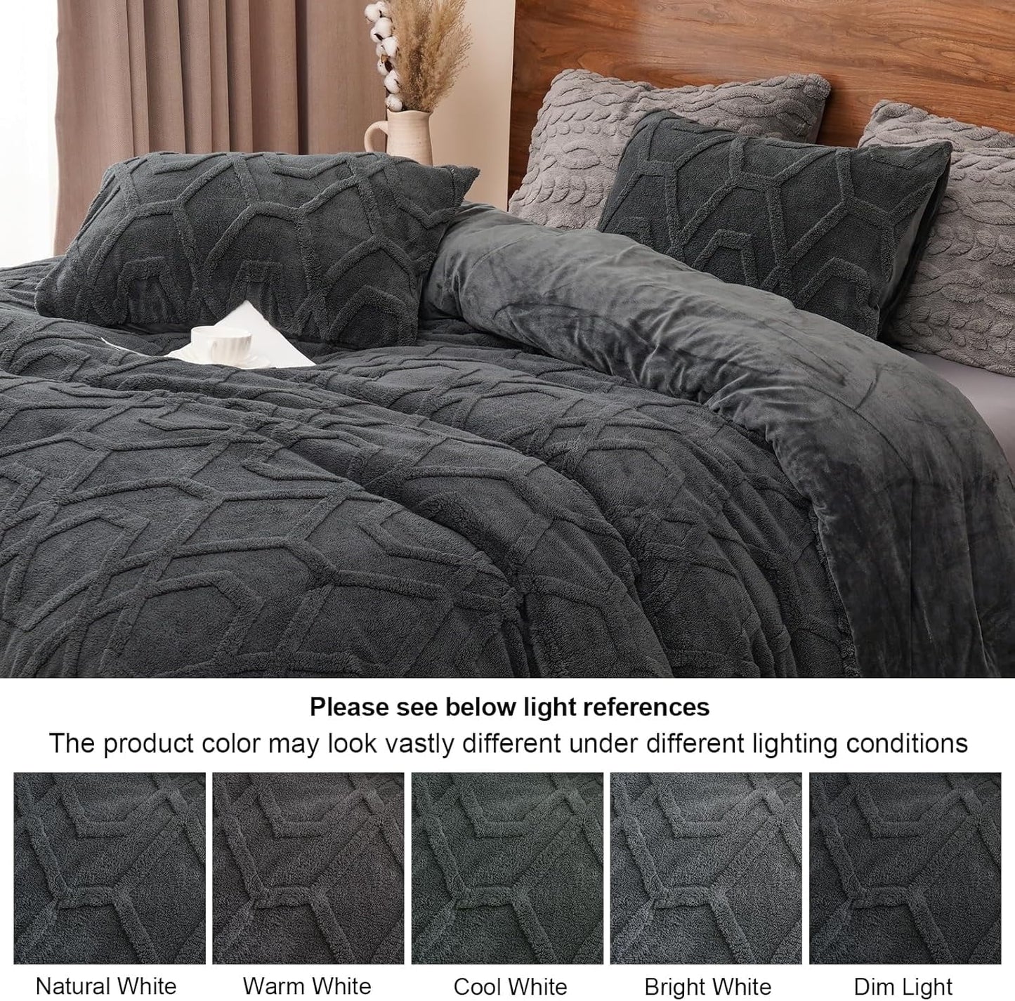 Luxurious Quilted Warm Sherpa Fleece Queen Comforter Set, 3D Tufted Fluffy Dark Grey Bedding for Winter, Soft 3 Pieces Shaggy Bed Set, ... - All-Season Down Alternative Comforter Insert Detail