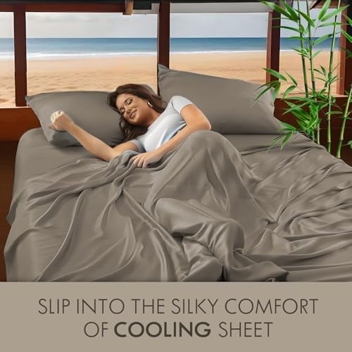 Cooling Sateen Home 4-Piece Queen Bamboo Bed Sheet Set, 100% Organic Cooling Fabric, 16" Deep Pocket, Taupe - Premium Ultra-Soft Pillowcase Pair for Sleeping Detail