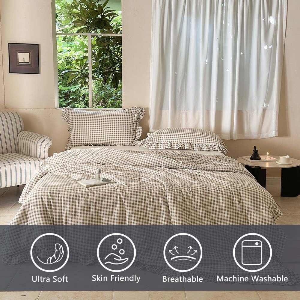 Heavyweight Warmth Tan Gingham Ruffle Queen Comforter Set, Taupe Ruffled Plaid Bedding Set, Ruffled Checked Bed Comforter 3 Pieces(Tan G... - All-Season Down Alternative Comforter Insert Detail
