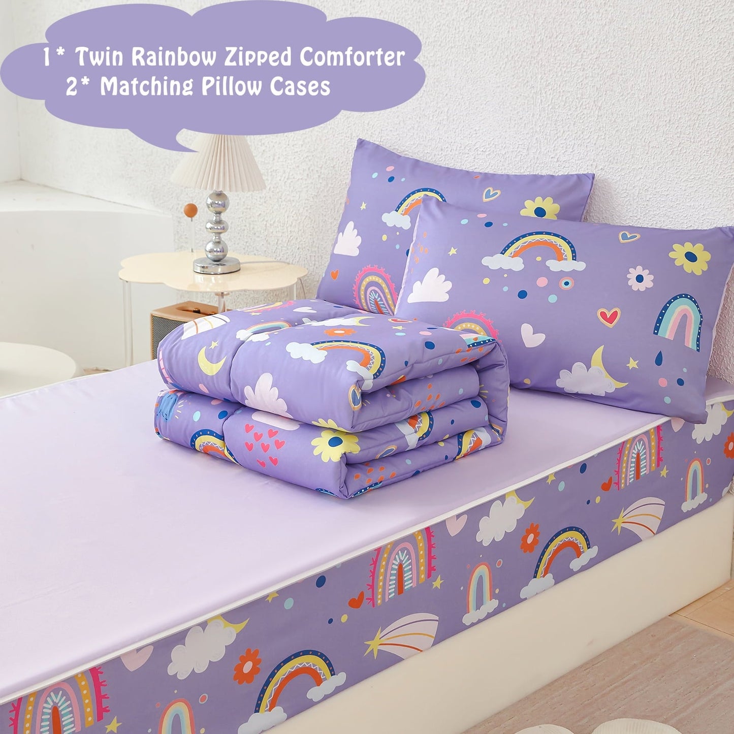 Hypoallergenic Cloud Zipper Kids Comforter Set, 3-Piece Purple Twin Bed in a Bag, Cartoon Rainbow Stars Flowers Printed Zip Up Comforter S... - Hypoallergenic Ultra-Fluffy Quilt for Winter Detail
