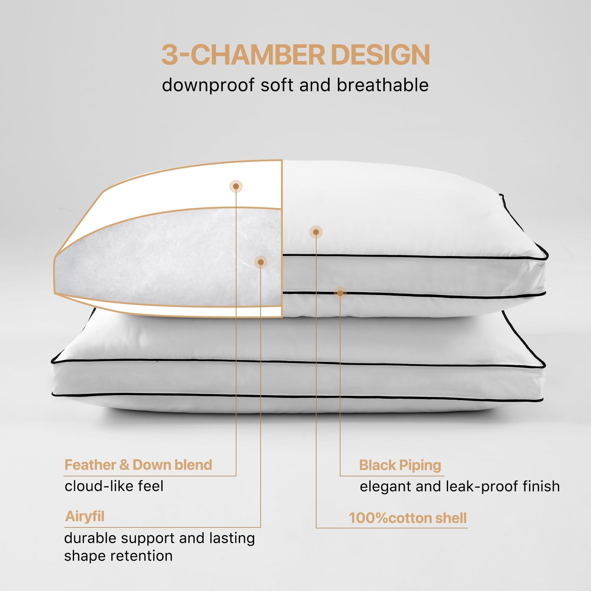 Hotel Collection Gusseted Feather Down Pillow Set of 2, Medium Firm Hotel Bed Pillows 2 Pack, Queen Size for Side Sleepers, 20 x 30 in - Decorative Throw Pillow Cushion for Sofa & Bed Detail
