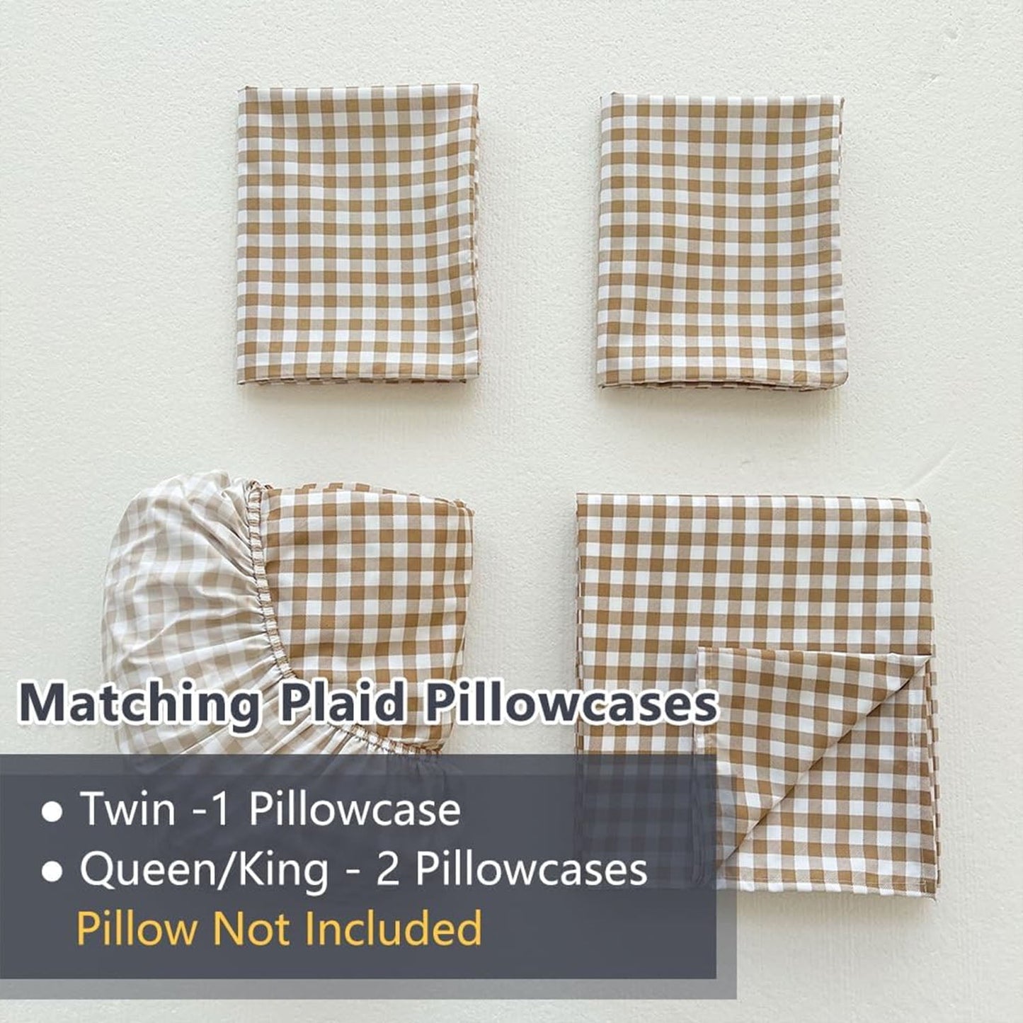 Premium Egyptian Cotton Sheet Set, Soft Brushed Microfiber Taupe Plaid Sheets, 4-Piece Brown Grid Set with Deep Pocket - Breathable Egyptian Cotton Flat & Fitted Sheets Detail