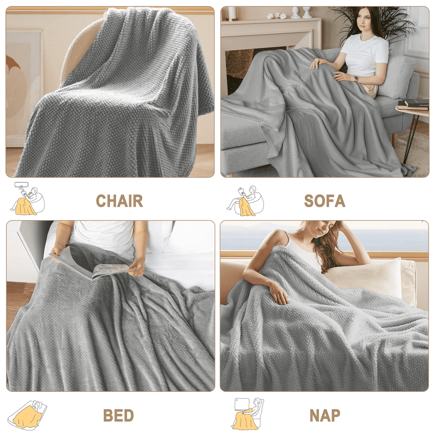 Decorative Knitted Throw Blanket, Decorative Throws with Waffle Wave Design, Super Soft Plush Fuzzy Blankets , Luxury Lightweight and Br... - Luxury Knitted Decorative Throw Blanket with Fringes Detail