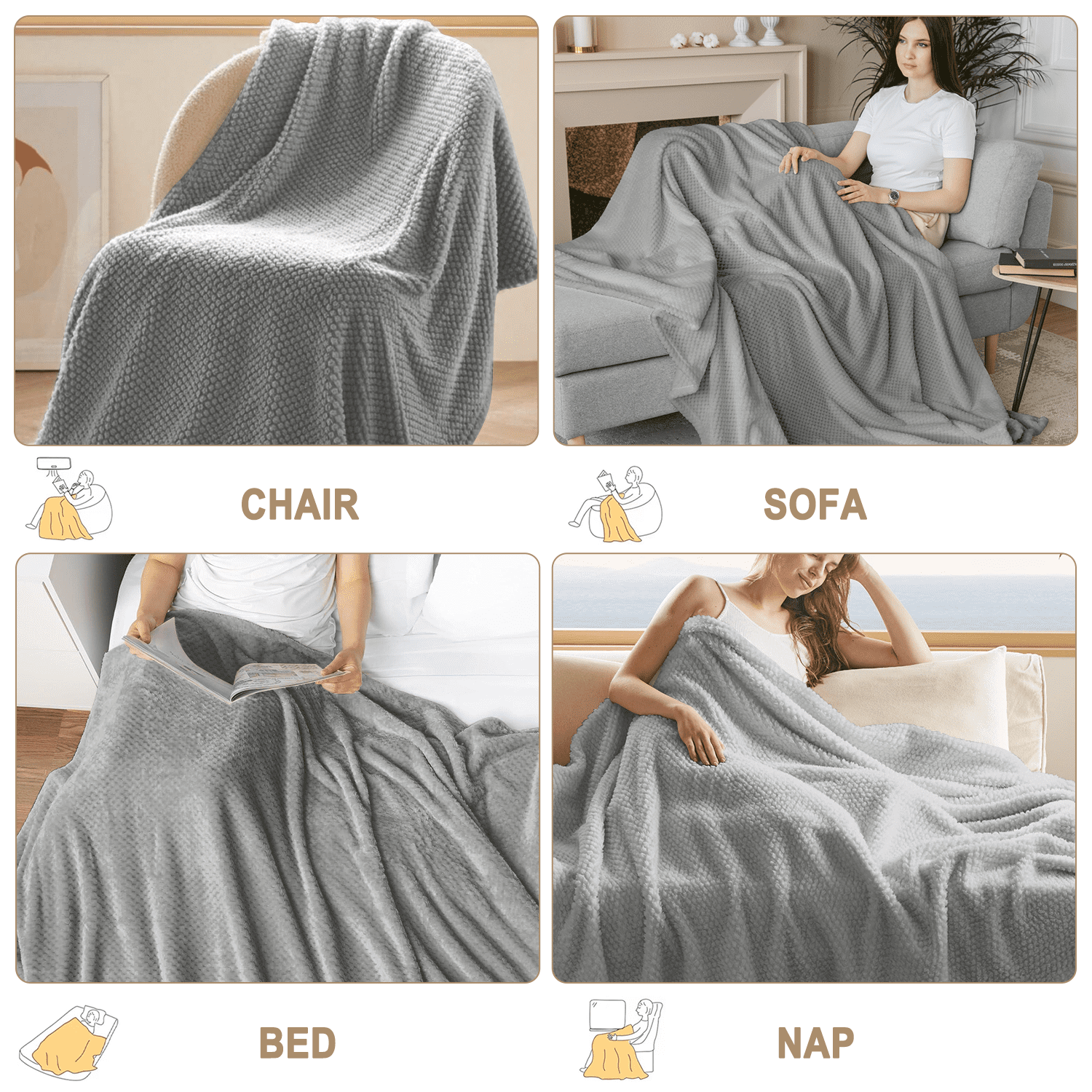 Decorative Knitted Throw Blanket, Decorative Throws with Waffle Wave Design, Super Soft Plush Fuzzy Blankets , Luxury Lightweight and Br... - Luxury Knitted Decorative Throw Blanket with Fringes Detail