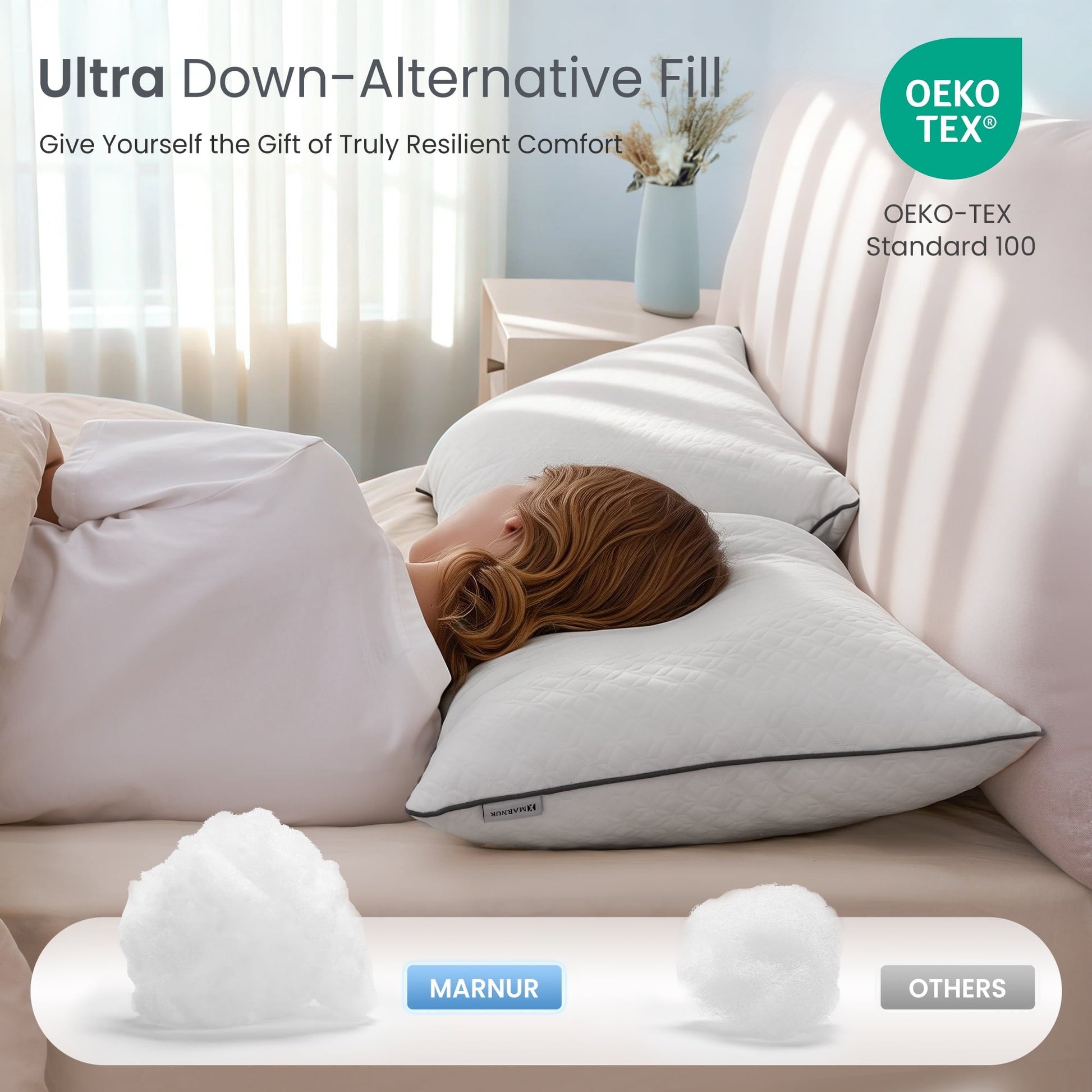 Decorative Plump Bed Pillows Hotel Collection Luxury Down Alternative Pillow for Beds 2 Pack, Medium Support for Side & Back Sleepers ... - Orthopedic Shredded Foam Bed Pillow Set Detail