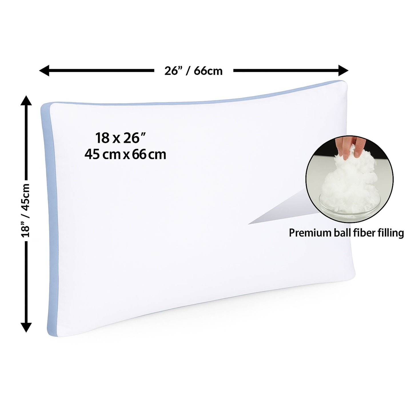 Ergonomic Memory Foam Gusseted Queen 18x26 Bed Pillows for Sleeping Set of 2 Polycotton White Blue Stripe Comfortable - Hotel Quality Plush Sleeping Pillows Detail