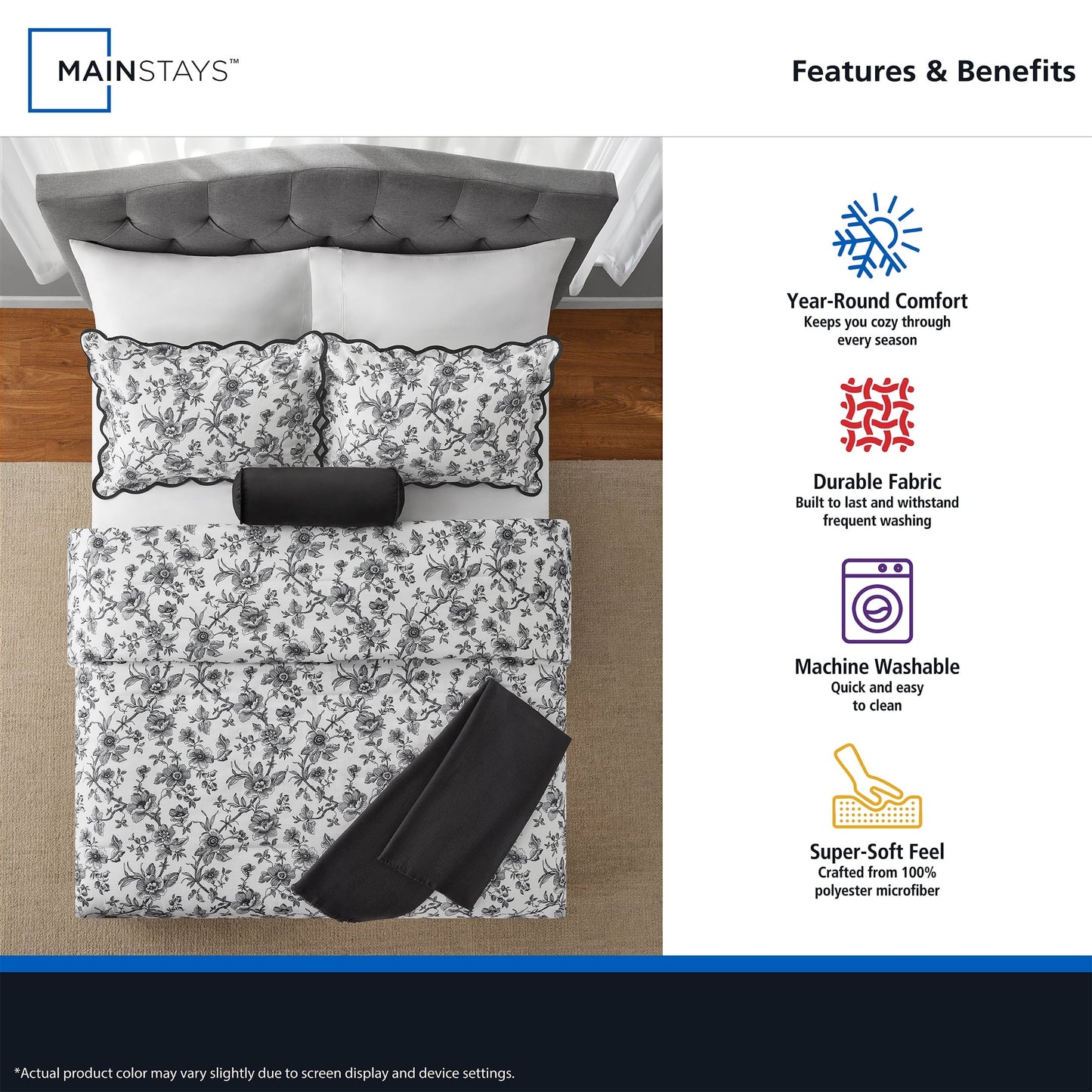 Hypoallergenic Cloud Floral Scallop 4-Piece White/Black Comforter Set, Twin/Twin XL - All-Season Down Alternative Comforter Insert Detail