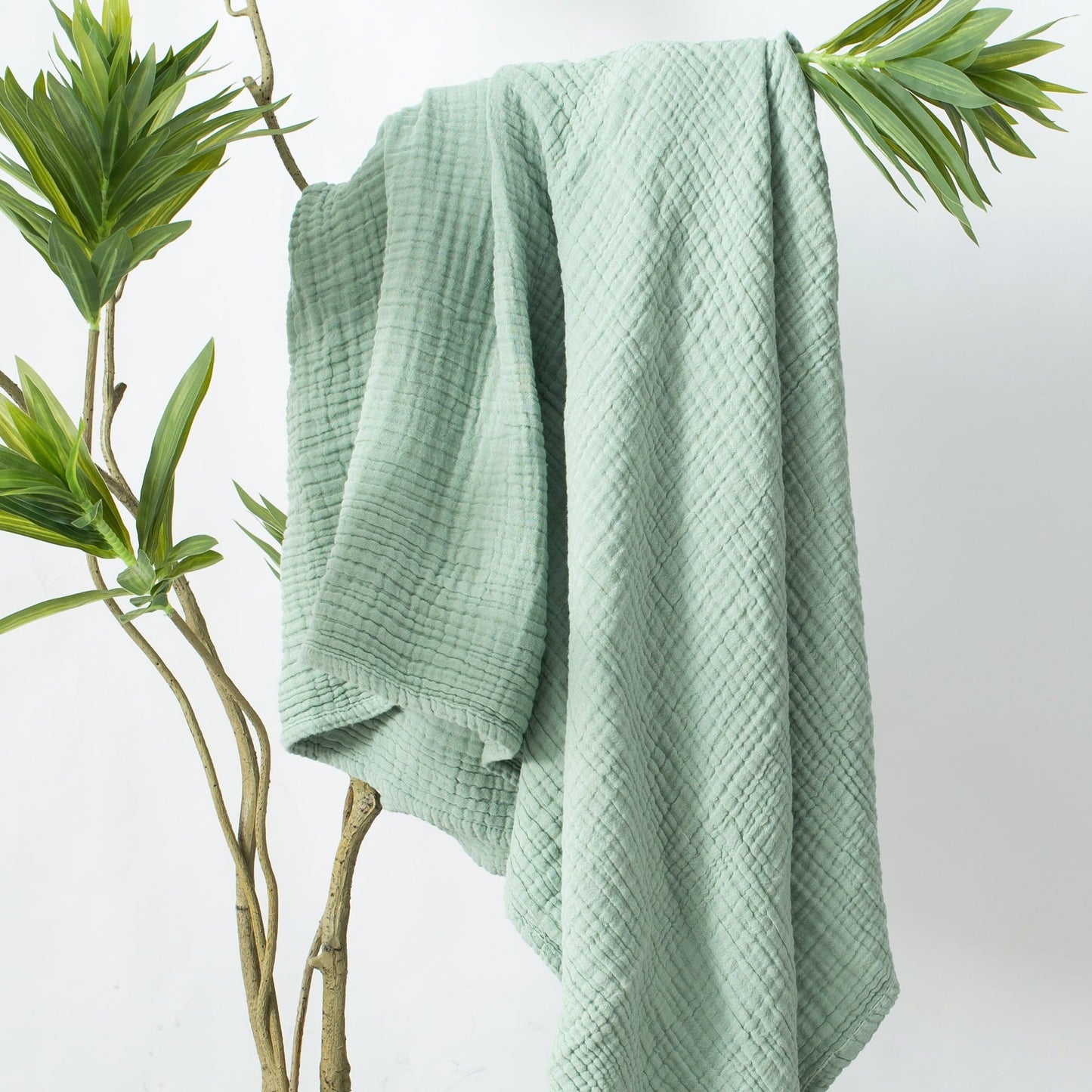 Decorative Knitted 100% Cotton Muslin Throw Blanket Gauze Blankets for Adults Soft Throws for Bed and Couch, 50" x 70" Sage Green - Lightweight Plush Warm Blanket for All Seasons Detail
