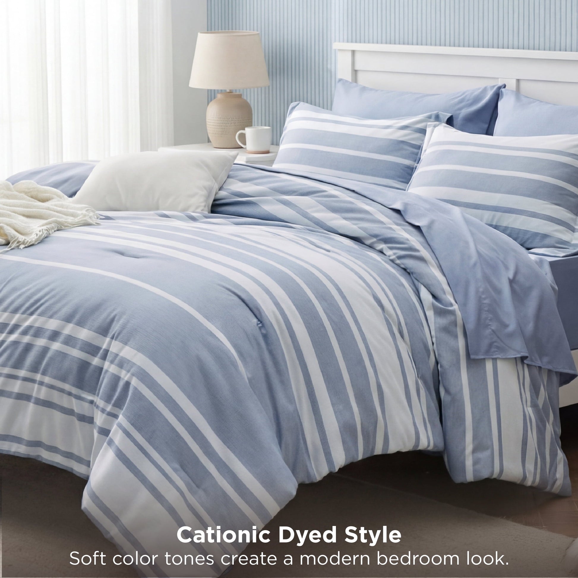 Fluffy Down Alternative Queen Comforter Set Blue, Bed in a Bag Queen Size Bedding 7-Pieces, Striped Bedding Set for All Seasons - Cloud-Like Soft Lightweight Bed Comforter Detail