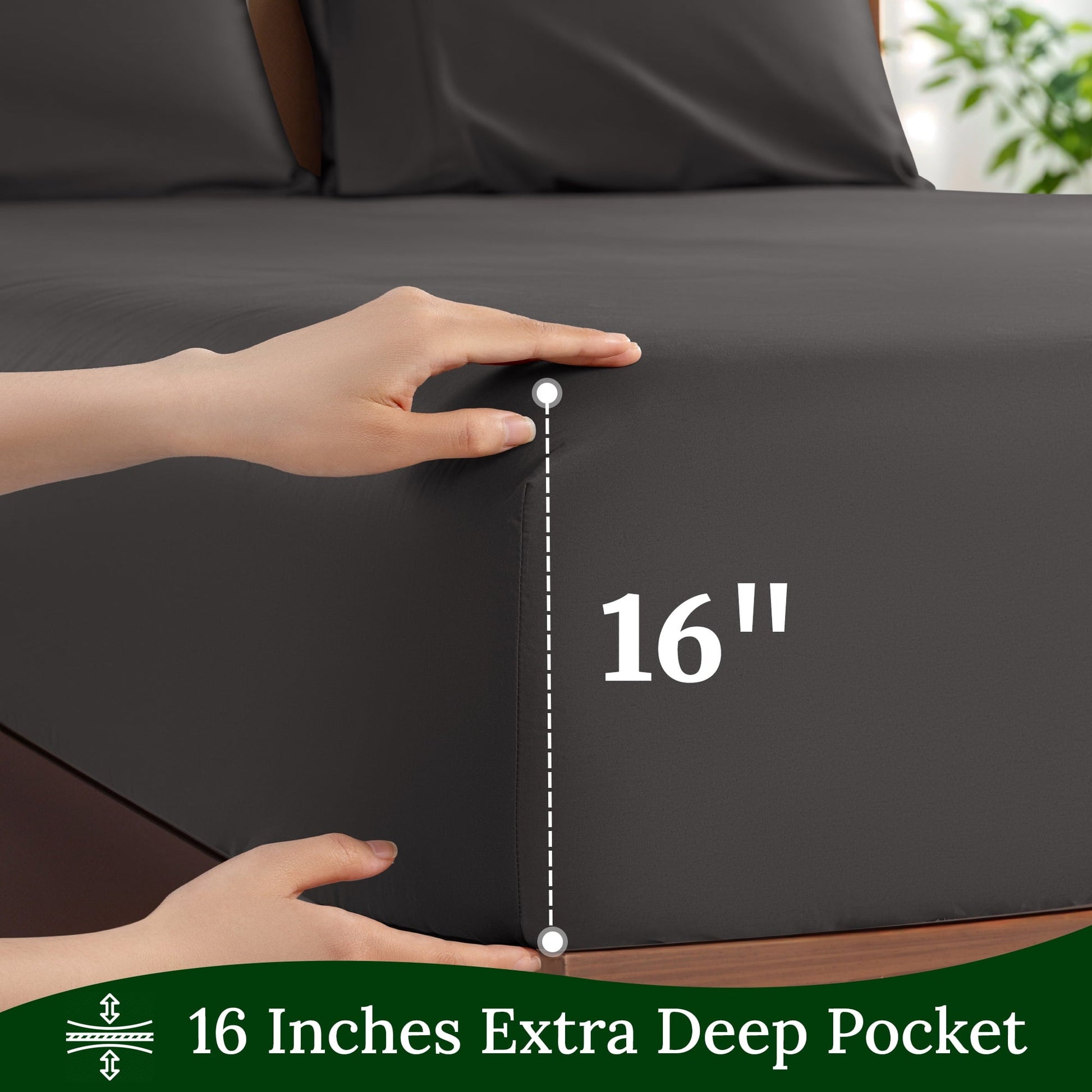 Wrinkle-Resistant 100% Cotton Bed Sheets Set, 1000 Thread Count 4 Piece Luxury Soft Sheets Set with 16" Deep Pocket, Queen, Dark Gray - Premium Ultra-Soft Pillowcase Pair for Sleeping Detail