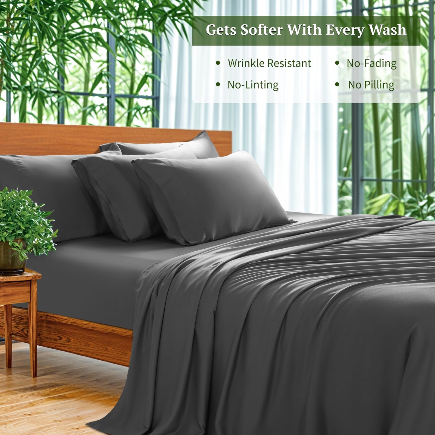 Premium Egyptian Cotton 6 Pieces Bamboo Bed Sheets Set, Luxury Rayon Derived - Deep Pockets - Wrinkle Free - Extremely Soft, Queen, Dark Gray - Luxury Bed Sheet Set with Deep Pockets Detail