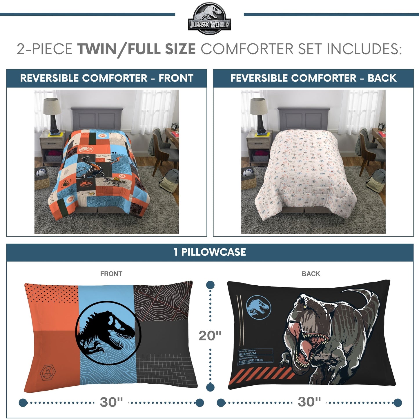 Luxurious Quilted Kids 2 Piece Blue Orange Reversible Dinosaur Comforter and Pillowcase set, Twin/full - Cloud-Like Soft Lightweight Bed Comforter Detail
