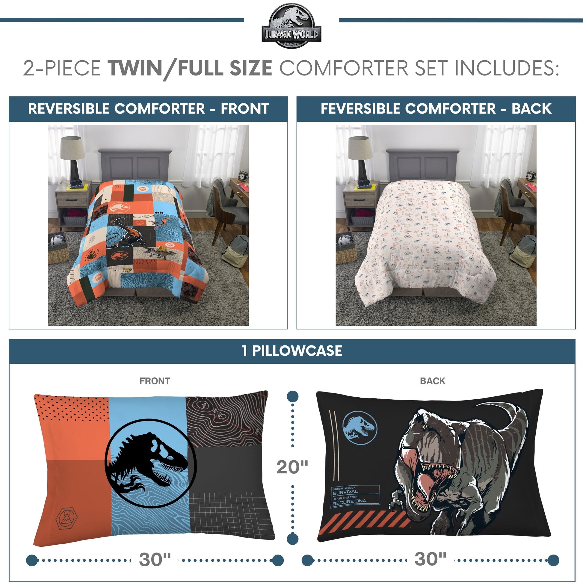 Luxurious Quilted Kids 2 Piece Blue Orange Reversible Dinosaur Comforter and Pillowcase set, Twin/full - Cloud-Like Soft Lightweight Bed Comforter Detail
