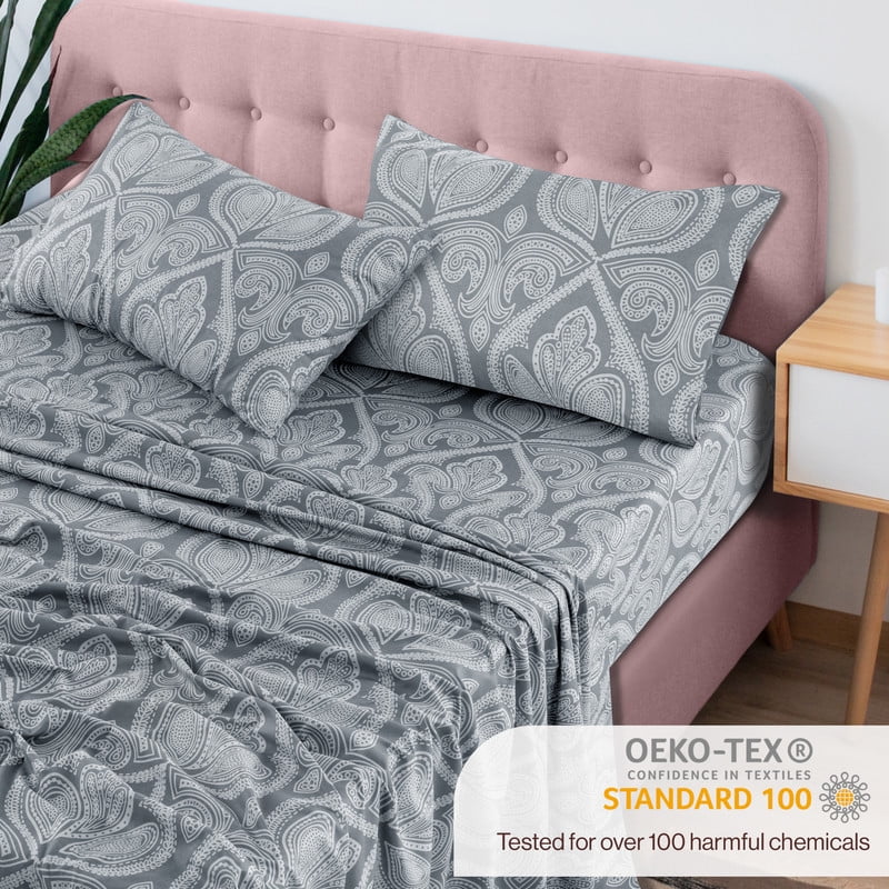 Wrinkle-Resistant Lux Decor 4 Piece Queen Sheet Set, Brushed Microfiber Paisley Printed Bed Sheet Set with up to 16" Deep Pocket Fitted... - Premium Ultra-Soft Pillowcase Pair for Sleeping Detail