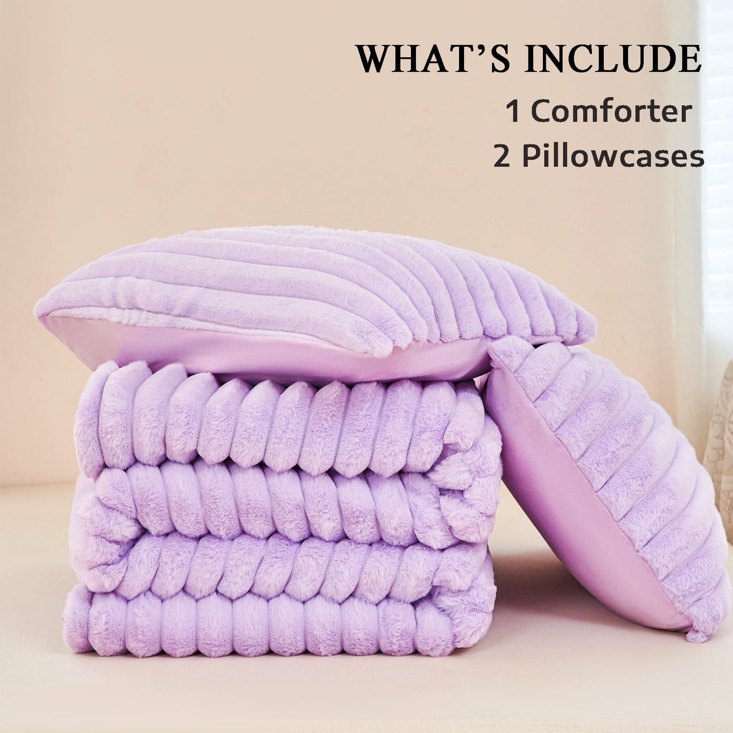 Luxurious Quilted Fleece Twin Comforter Set, Light Purple Super Soft Furry Plush Bedding, Luxury Fluffy Fuzzy Heavy Bed Set for Winter ... - Luxurious Quilted Duvet Cover Set Detail