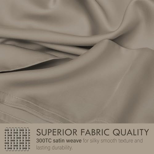 Cooling Sateen Home 4-Piece Queen Bamboo Bed Sheet Set, 100% Organic Cooling Fabric, 16" Deep Pocket, Taupe - Premium Ultra-Soft Pillowcase Pair for Sleeping Detail