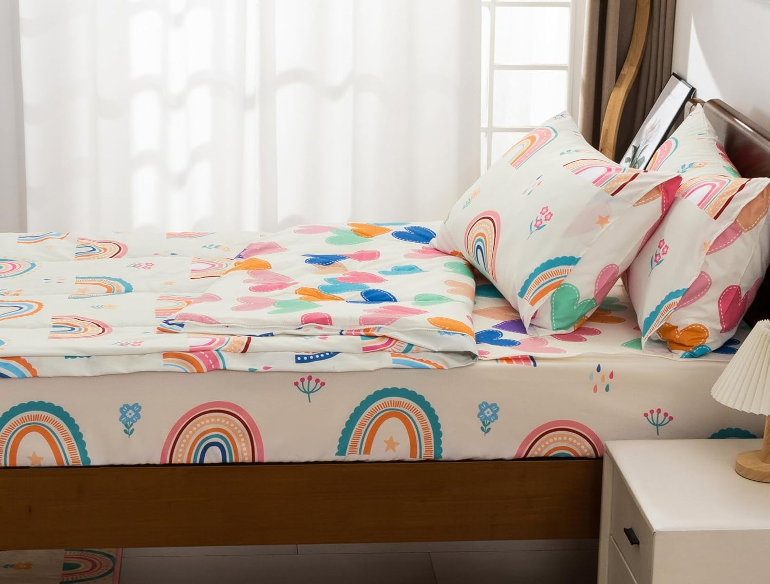 Heavyweight Warmth 3-Piece Kids Comforter Set Twin Zipper Bedding for Girls, Rainbow Comforter with Flower Pattern (Beige) - Hypoallergenic Ultra-Fluffy Quilt for Winter Detail