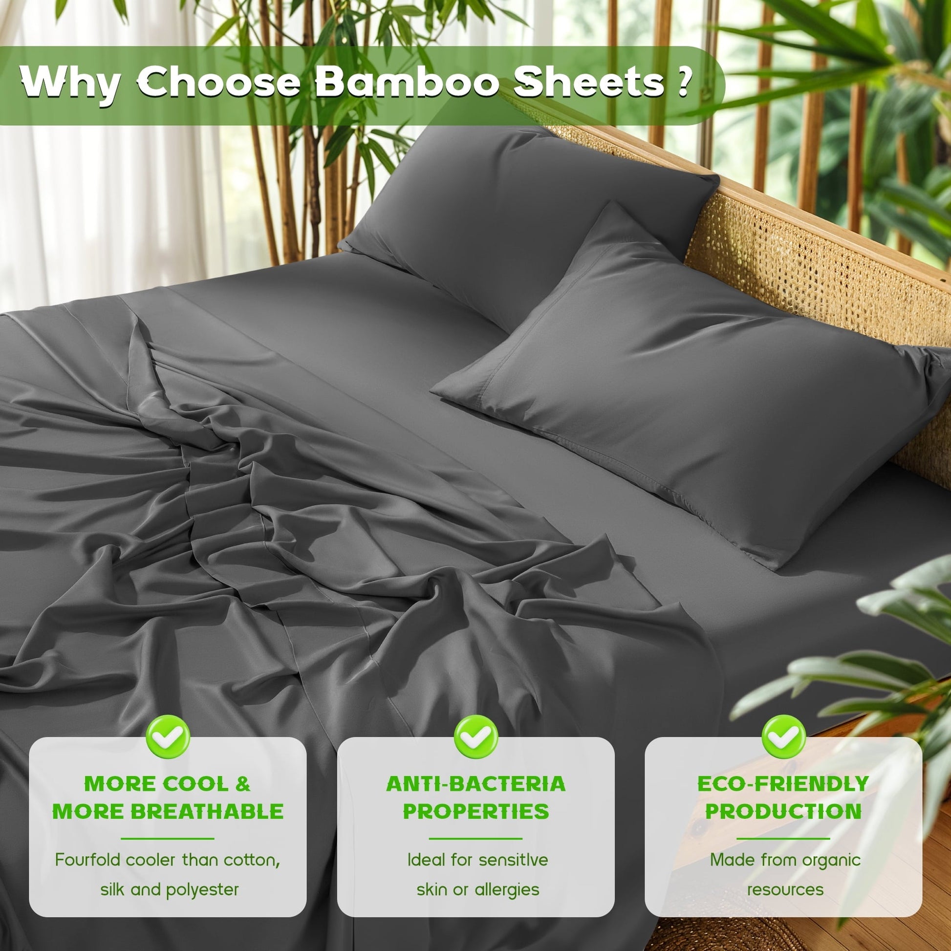 Wrinkle-Resistant Luxury Bamboo Bed Sheet Set - Deep Pockets - 4 Piece, Queen, Dark Gray - Cooling Hotel Quality Bedding Sheets and Pillowcases Detail