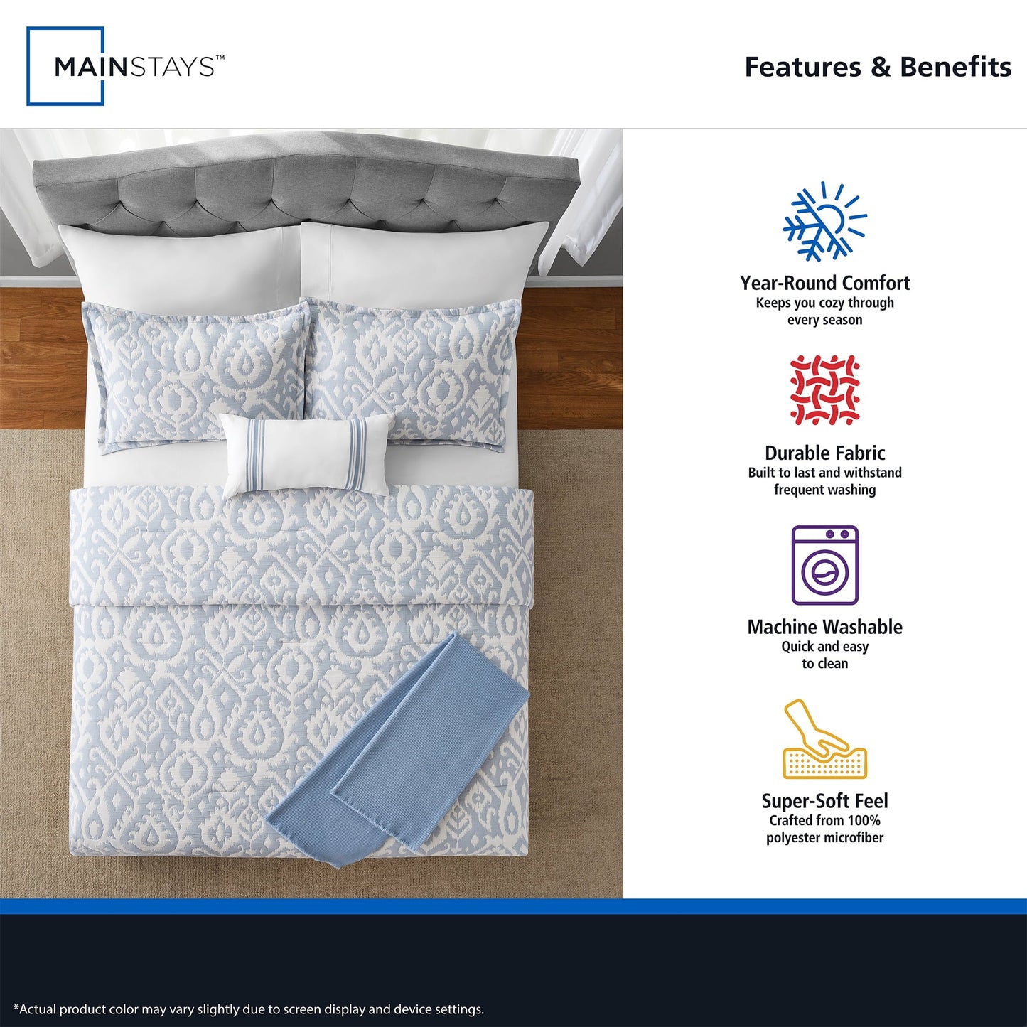 All-Season Full/Queen Comforter Set, All-Season, 5-Piece, Blue Matelasse Ikat - Luxurious Quilted Duvet Cover Set Detail