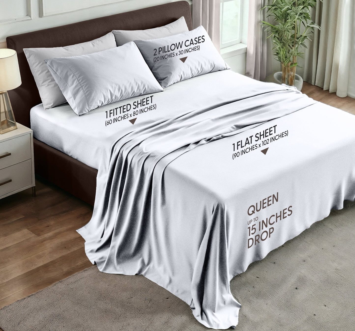 Cooling Sateen Queen Size Bed Sheet Set in Bright White – 4 Piece Microfiber Sheets, Ultra-Soft, Deep Pocket, Wrinkle-Resistant, Eas... - Luxury Bed Sheet Set with Deep Pockets Detail