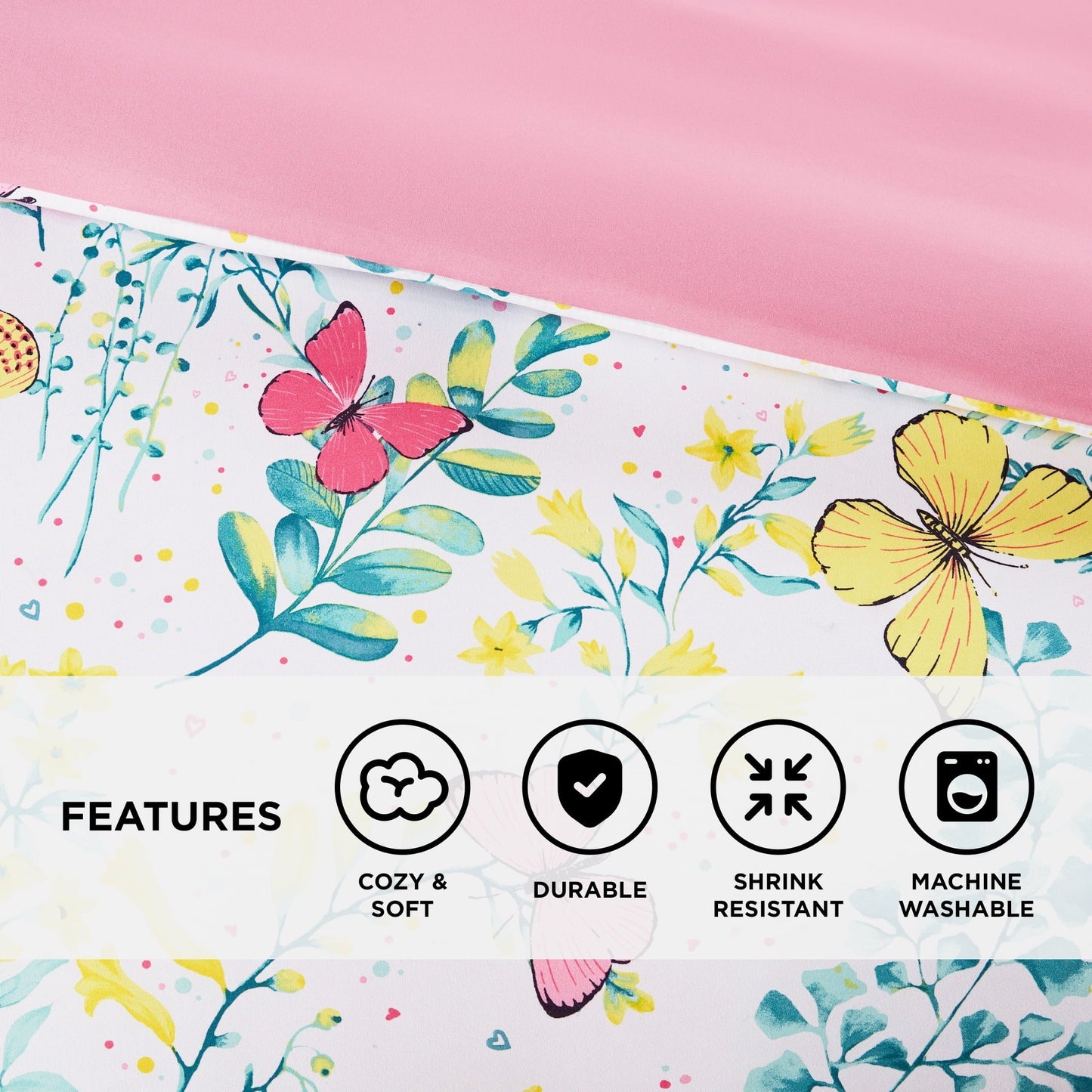 Heavyweight Warmth Full/Queen Size Comforter Sets, 4-Piece Kids Bedding Set for Girls, Butterfly Floral Comforter Bed Set, White/Pink - Cloud-Like Soft Lightweight Bed Comforter Detail