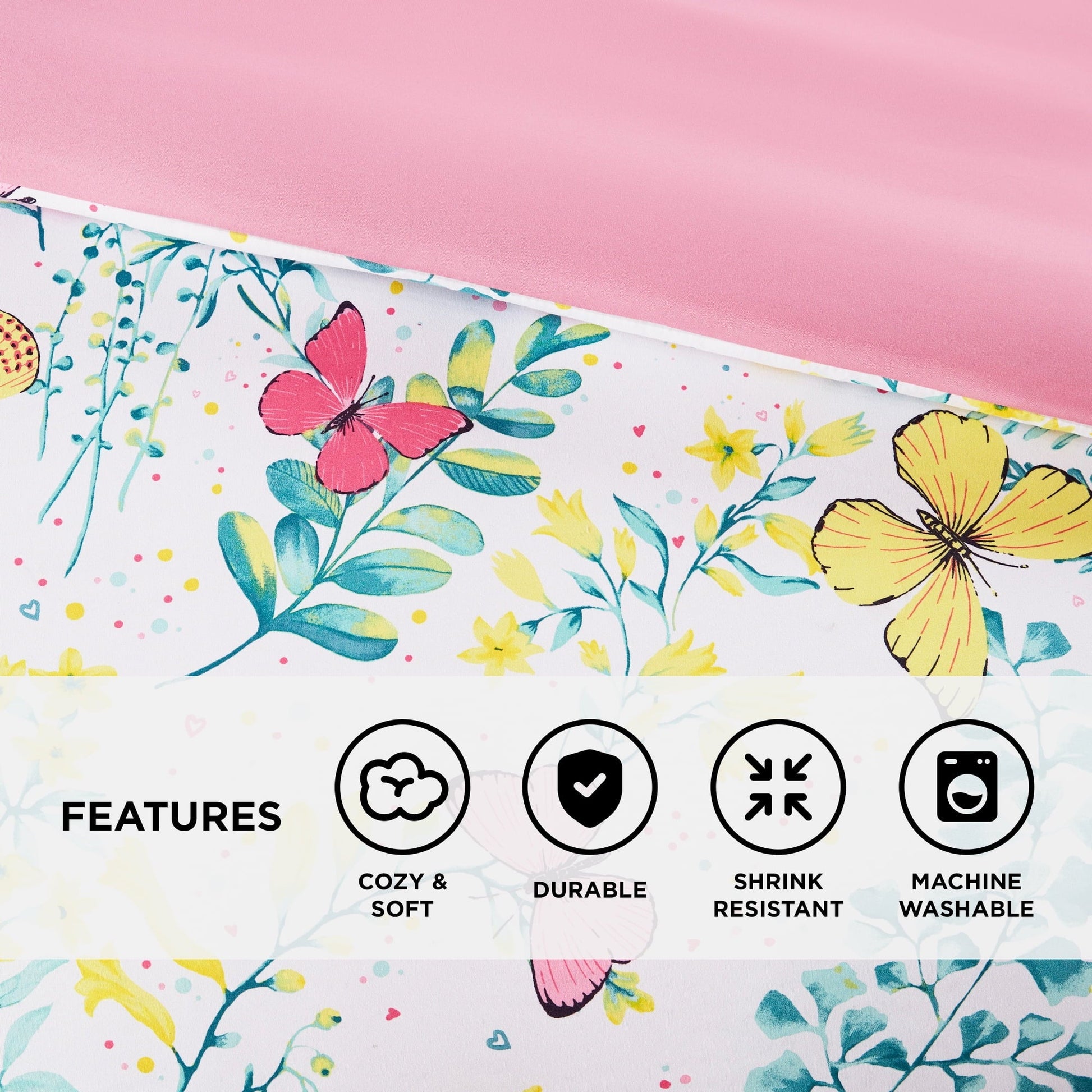 Heavyweight Warmth Full/Queen Size Comforter Sets, 4-Piece Kids Bedding Set for Girls, Butterfly Floral Comforter Bed Set, White/Pink - Cloud-Like Soft Lightweight Bed Comforter Detail