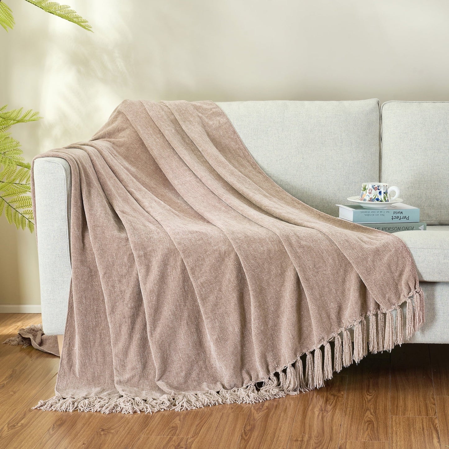 Lightweight Warm Chenille Throw Blanket with Fringe Tassel for Couch Sofa Chair Bed, Taupe 50" X 60" - Lightweight Plush Warm Blanket for All Seasons Detail