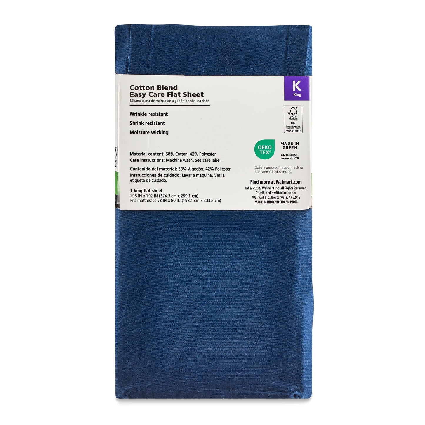 Wrinkle-Resistant 300 Thread Count Easy Care Blue Cove Cotton Blend Percale Flat Bed Sheet, King - Cooling Hotel Quality Bedding Sheets and Pillowcases Detail