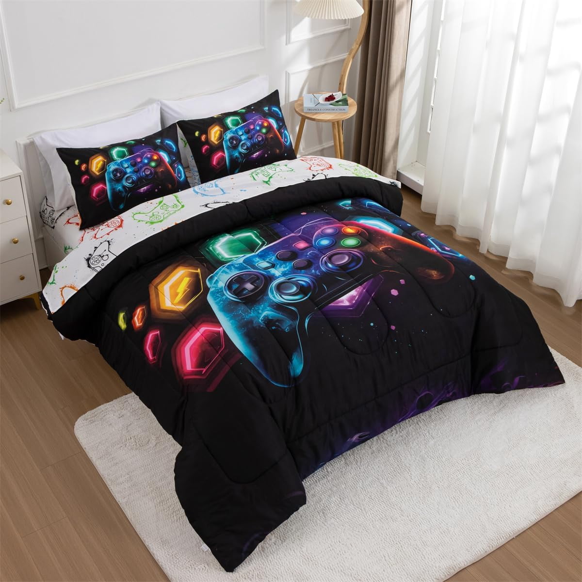 Heavyweight Warmth Game Console Comforter Set for Boys Girls Kids Space Universe Gaming Geometric Lightweight Microfiber Gamer Bedding S... - Luxurious Quilted Duvet Cover Set Detail