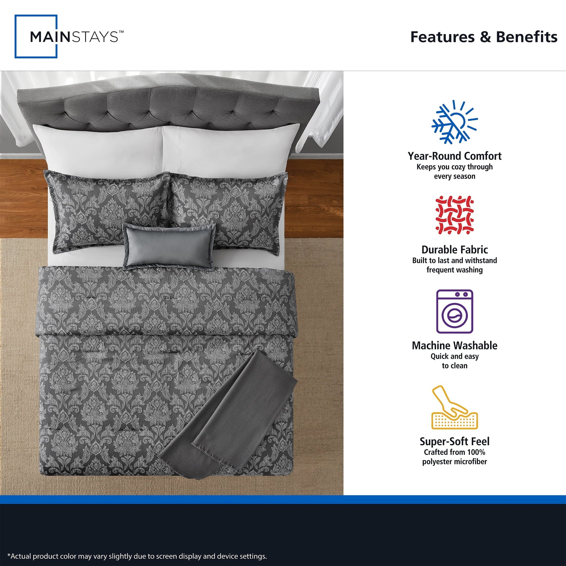 All-Season Full/Queen Comforter Set, All-Season, 5-Piece, Grey Jacquard Damask - All-Season Down Alternative Comforter Insert Detail