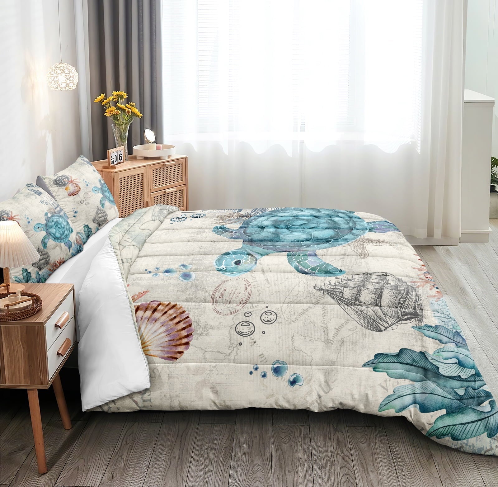 Fluffy Down Alternative Sea Turtle Comforter Set Queen Ocean Beach Bedding Set Soft and Lightweight Retro Style Design Coastal Bedding Set - Luxurious Quilted Duvet Cover Set Detail