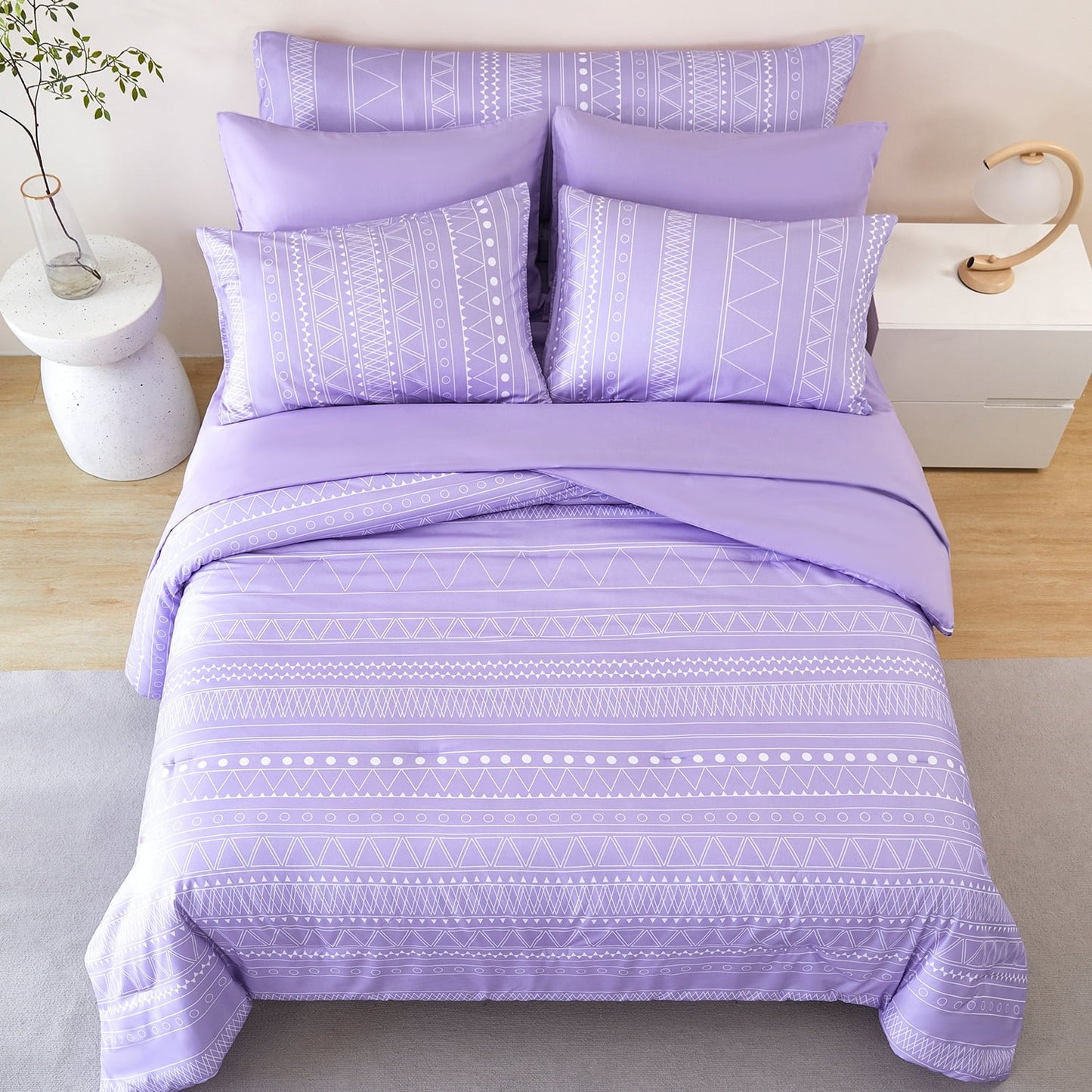 Luxurious Quilted 8-Pieces Boho Bedding Set Full Lavender Striped Bed in a Bag for Girls Women Soft Fluffy Purple Comforter Set with Sh... - Luxurious Quilted Duvet Cover Set Detail