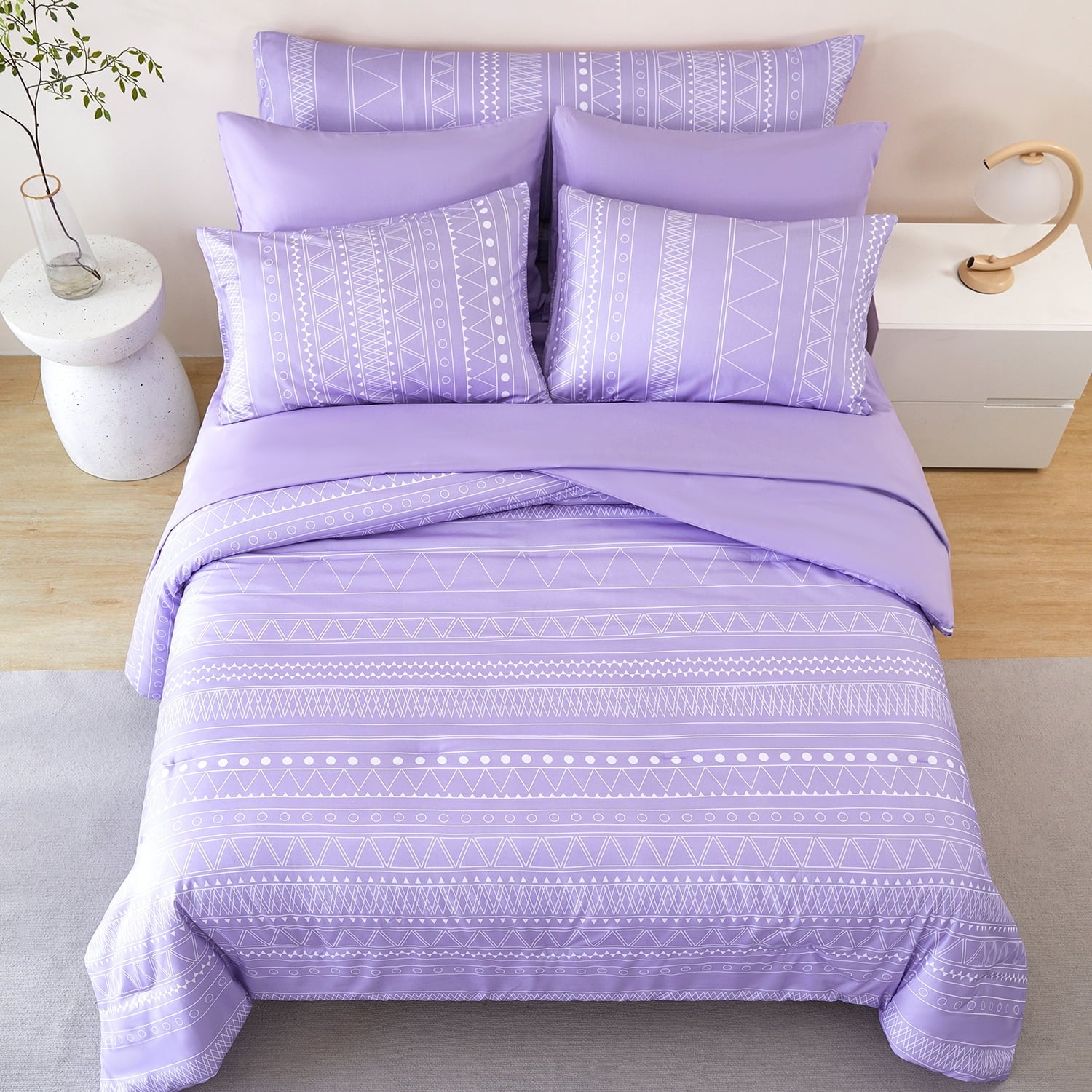 Luxurious Quilted 8-Pieces Boho Bedding Set Full Lavender Striped Bed in a Bag for Girls Women Soft Fluffy Purple Comforter Set with Sh... - Luxurious Quilted Duvet Cover Set Detail