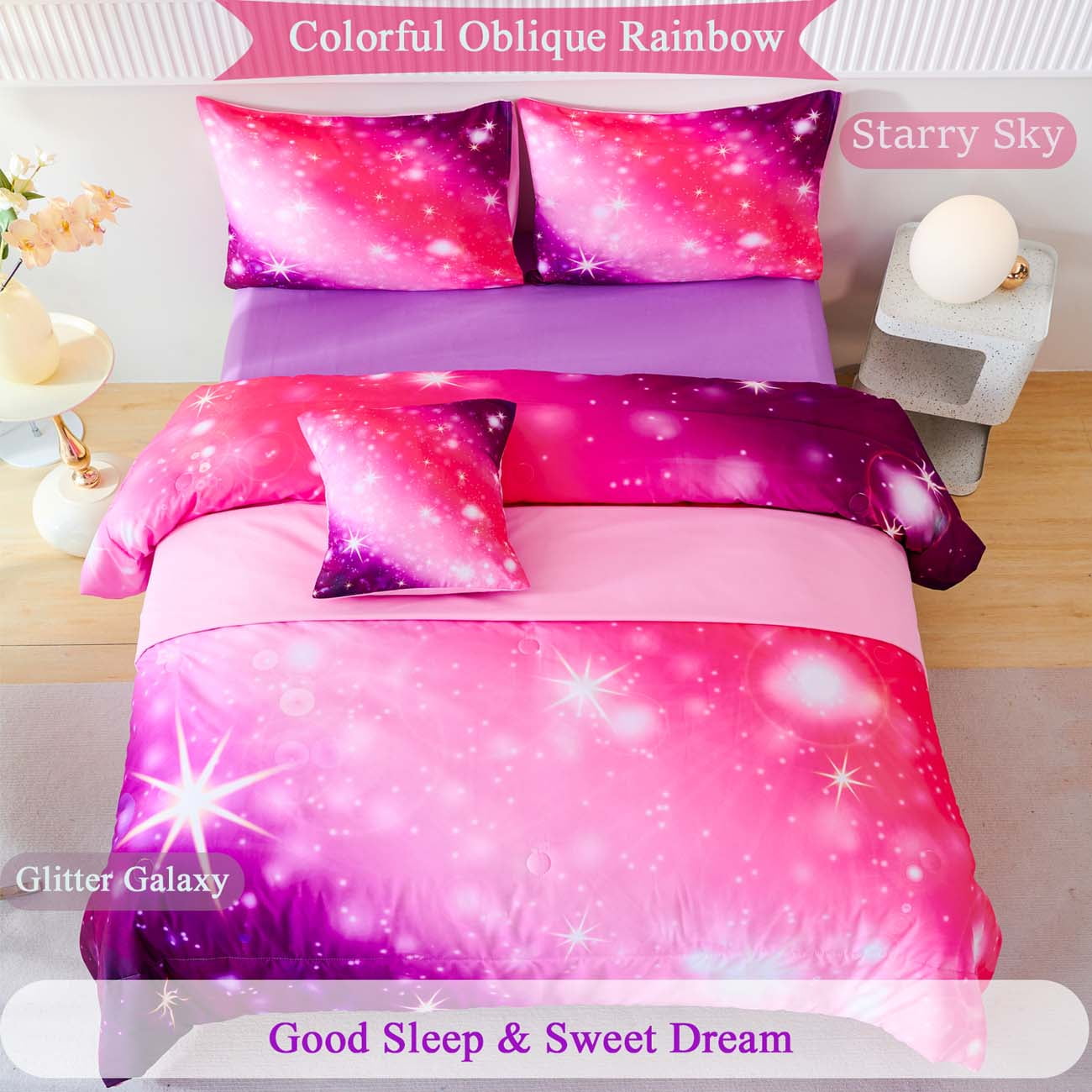 Fluffy Down Alternative 4Pcs Rainbow Twin Size Comforter Set for Girls, Pink Purple Gradient Glitter Kids Bedding Sets, Soft Galaxy Girls Bed... - All-Season Down Alternative Comforter Insert Detail