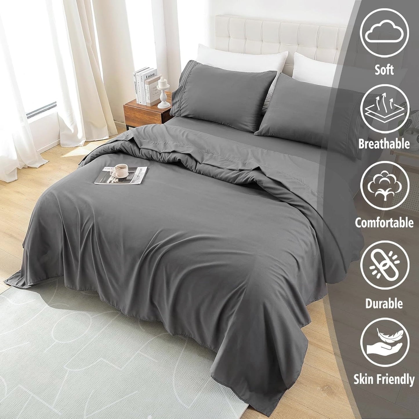 Premium Egyptian Cotton 4 Piece Bed Sheet Set, Queen Size Upgraded Cooling Deep Pocket Comfy Breathable Hotel Luxury Bedding, Extra Soft Wrin... - Premium Ultra-Soft Pillowcase Pair for Sleeping Detail