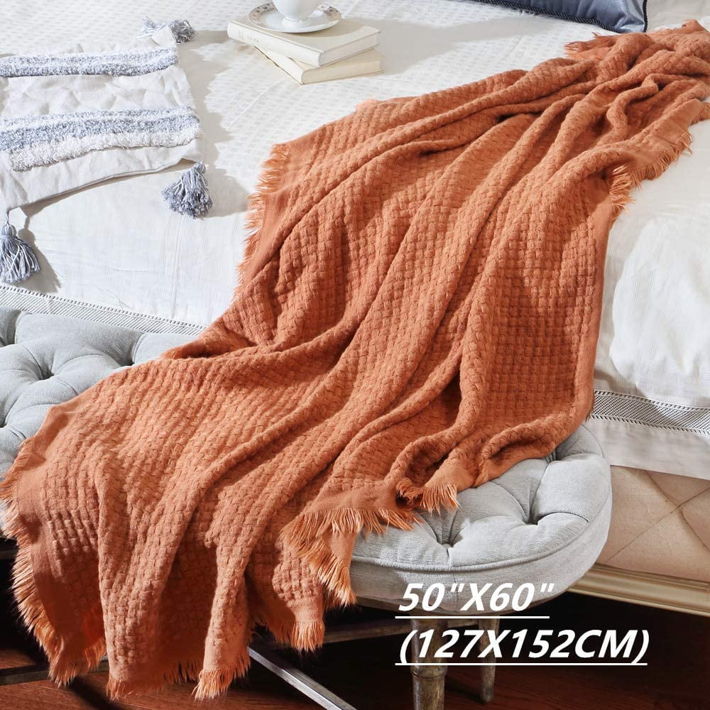 Decorative Knitted Farmhouse Rust Knit Throw Blanket for Couch Sofa Chair Bed Home Decoration, Soft Warm Cozy Light Weight for Spring Su... - Cozy Fleece Throw Blanket for Couch & Bed Detail