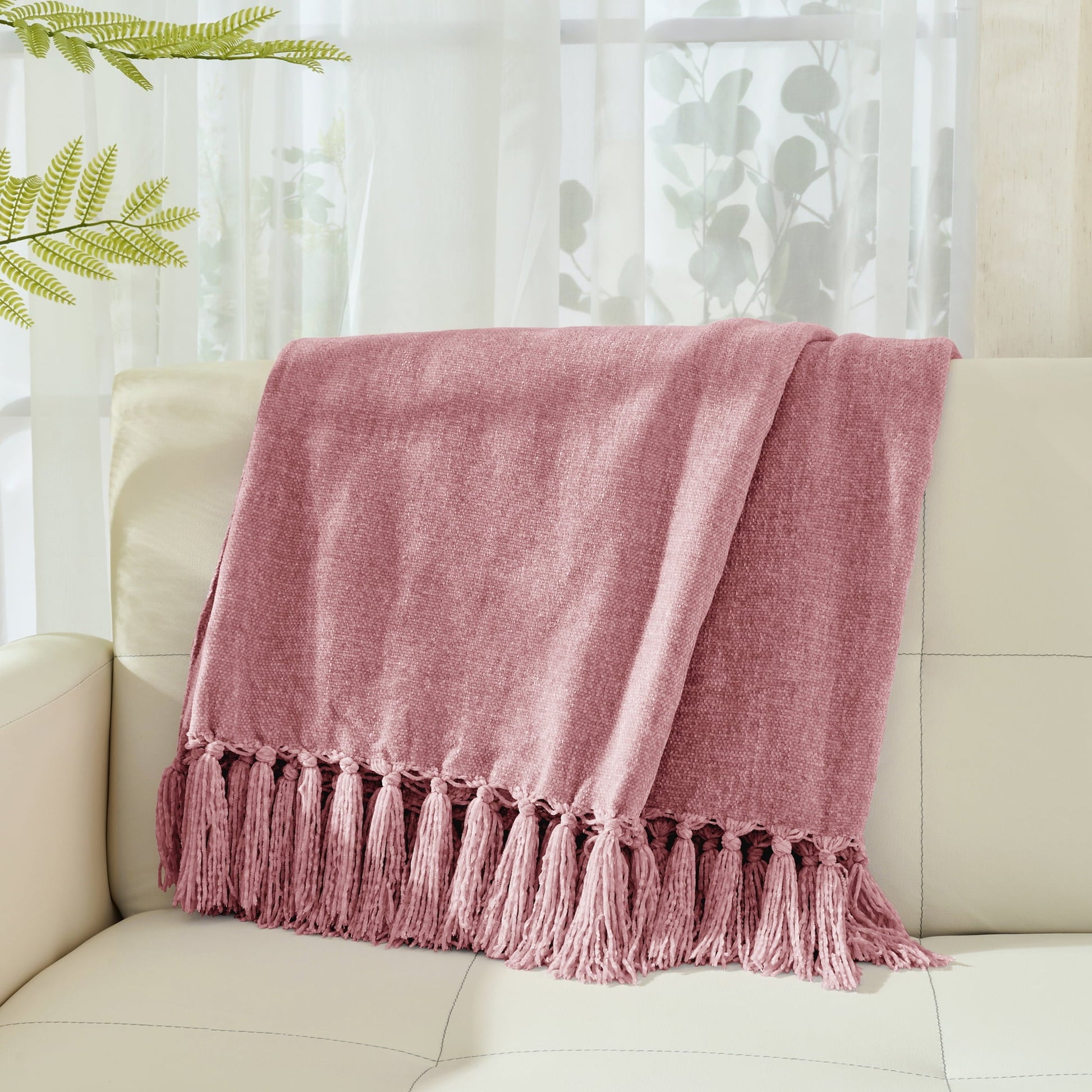 Cozy Fleece Chenille Throw Blanket with Fringe Tassel for Couch Sofa Chair Bed, Mauve 50" X 70" - Luxury Knitted Decorative Throw Blanket with Fringes Detail