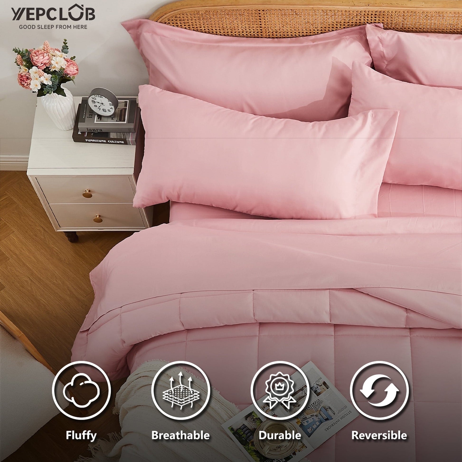 Hypoallergenic Cloud 7-Piece Queen Size Comforter Set,Pink Reversible Bed in a Bag,All Season Solid Bedding Set with Sheets,Pillowcases & ... - Hypoallergenic Ultra-Fluffy Quilt for Winter Detail