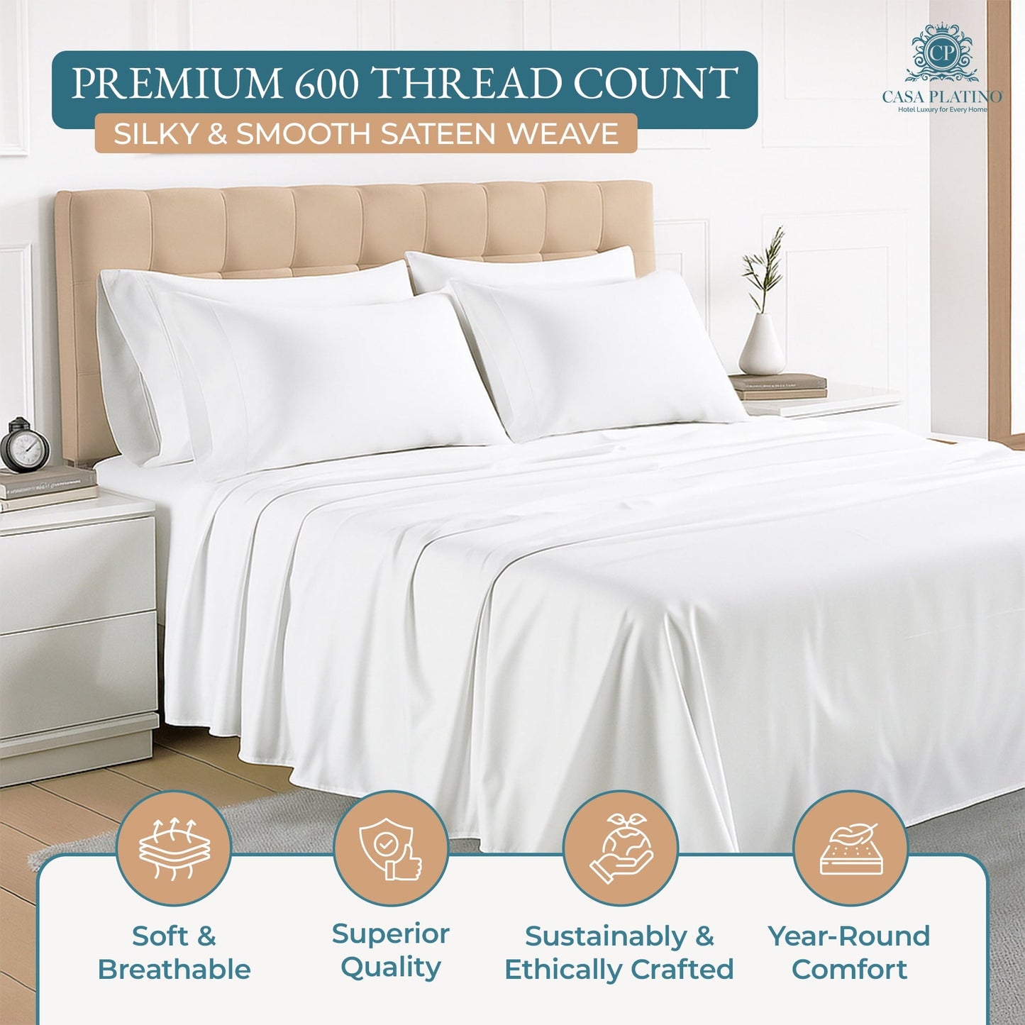 Wrinkle-Resistant Bed Sheets Set – 6 Piece, 600 Thread Count, 100% Cotton Sheets, Hotel Luxury Sateen Finish, 15" Deep Pocket, Easy to ... - Cooling Hotel Quality Bedding Sheets and Pillowcases Detail