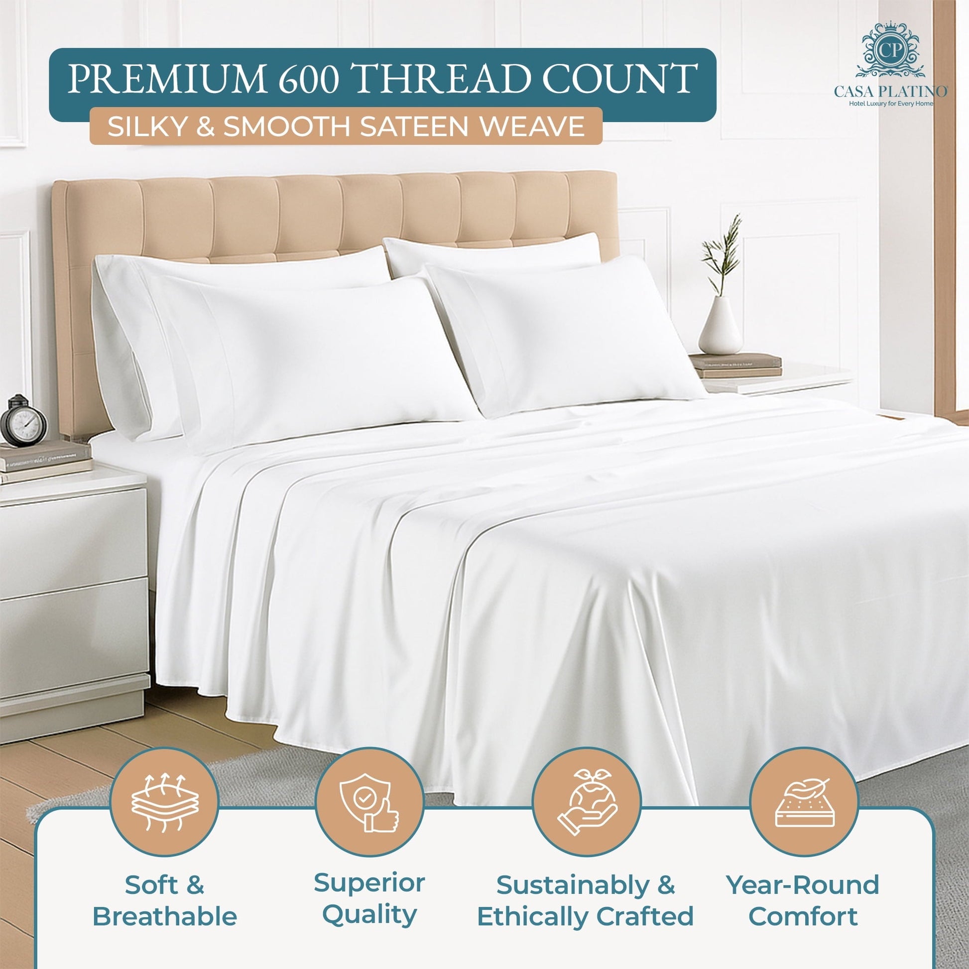 Wrinkle-Resistant Bed Sheets Set – 6 Piece, 600 Thread Count, 100% Cotton Sheets, Hotel Luxury Sateen Finish, 15" Deep Pocket, Easy to ... - Cooling Hotel Quality Bedding Sheets and Pillowcases Detail