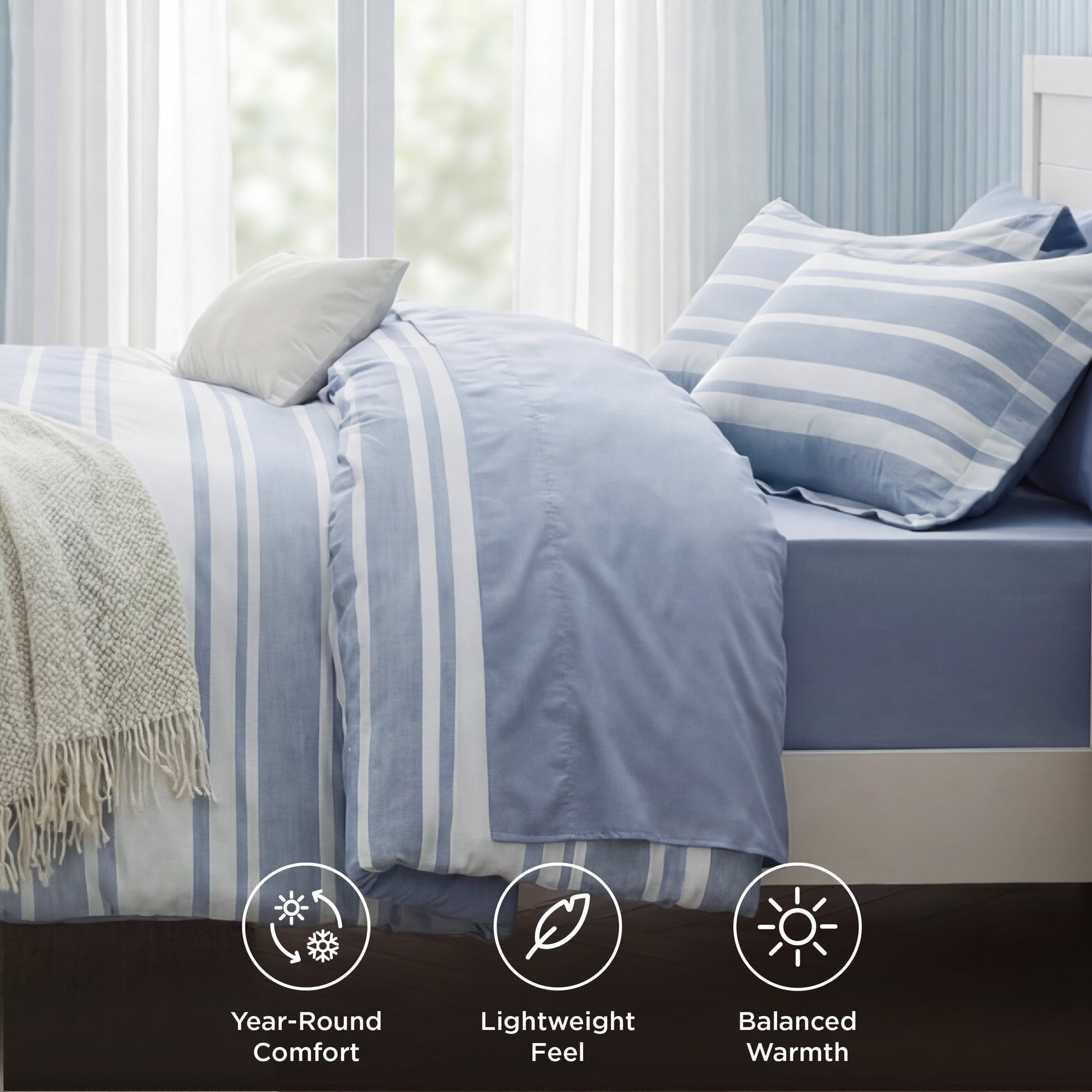 Fluffy Down Alternative Queen Comforter Set Blue, Bed in a Bag Queen Size Bedding 7-Pieces, Striped Bedding Set for All Seasons - Cloud-Like Soft Lightweight Bed Comforter Detail