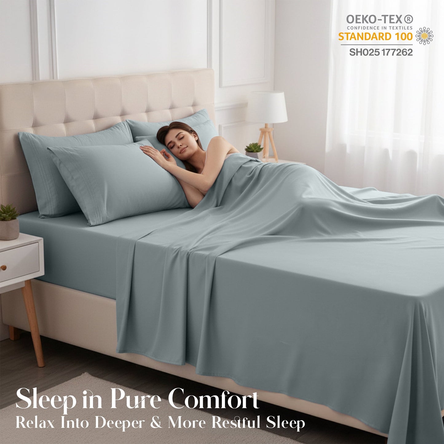 Ultra-Soft Bed Sheets - 6 Piece Ultra-Soft Microfiber Sheets Set, Deep Pocket Fitted Sheet, Flat Sheet & 4 Pillowcases, Breathab... - Luxury Bed Sheet Set with Deep Pockets Detail