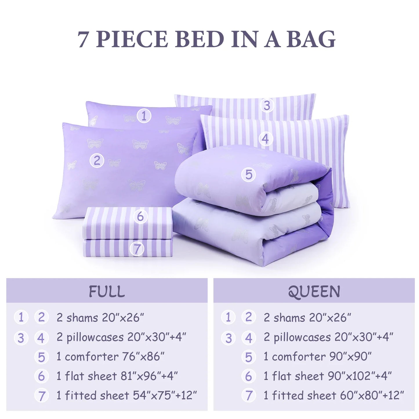 Fluffy Down Alternative gold foil Design 7-piece Bed in a Bag Comforter Set with Sheets,Purple/Silver Butterflies,Full - Hypoallergenic Ultra-Fluffy Quilt for Winter Detail