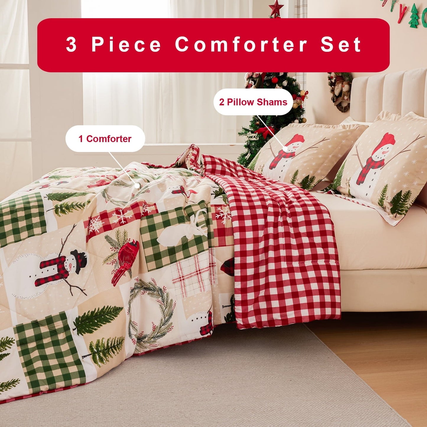 All-Season 3 Pcs Christmas Comforter Set, Bed in a Bag Wreath Snowman Queen/Full Size Xmas Bedding Set Fitted Pillowcases for Adult - Cloud-Like Soft Lightweight Bed Comforter Detail