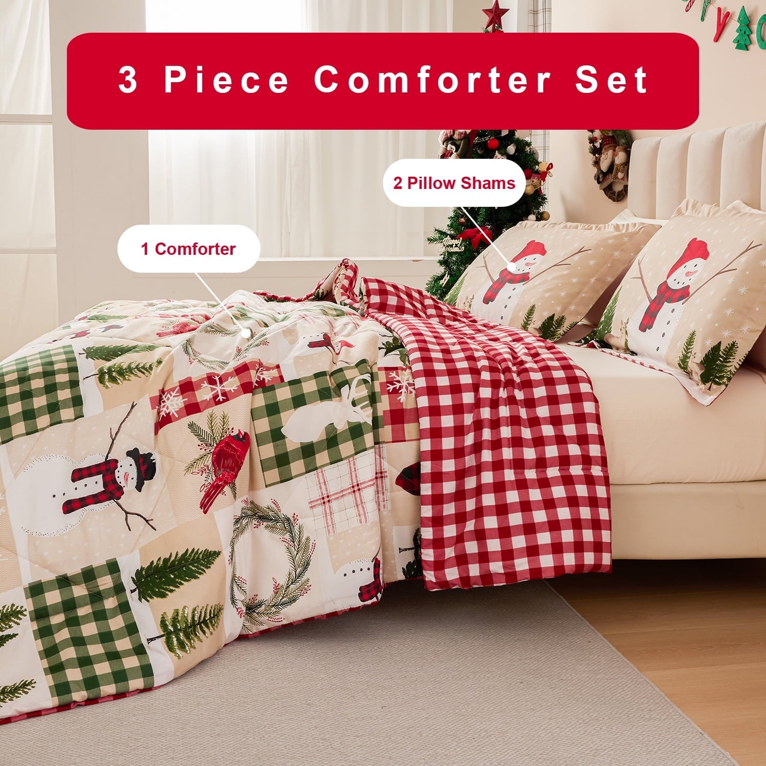 All-Season 3 Pcs Christmas Comforter Set, Bed in a Bag Wreath Snowman Queen/Full Size Xmas Bedding Set Fitted Pillowcases for Adult - Cloud-Like Soft Lightweight Bed Comforter Detail